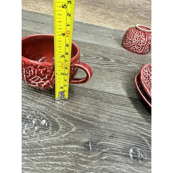 1950s Secla Majolica Portugal Secla Deep Red Cabbage Leaf Cup & Saucer Set Of 2 - Picture 7 of 11